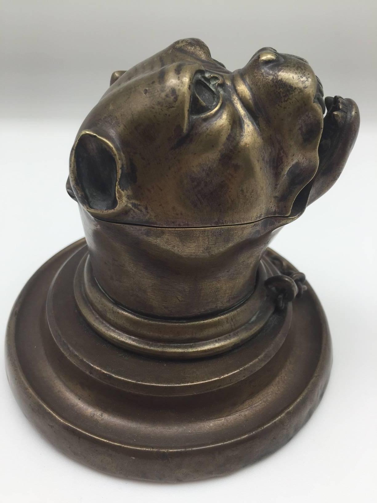 French 19th Century Bronze Growling Dog with Collar and Chain Inkwell