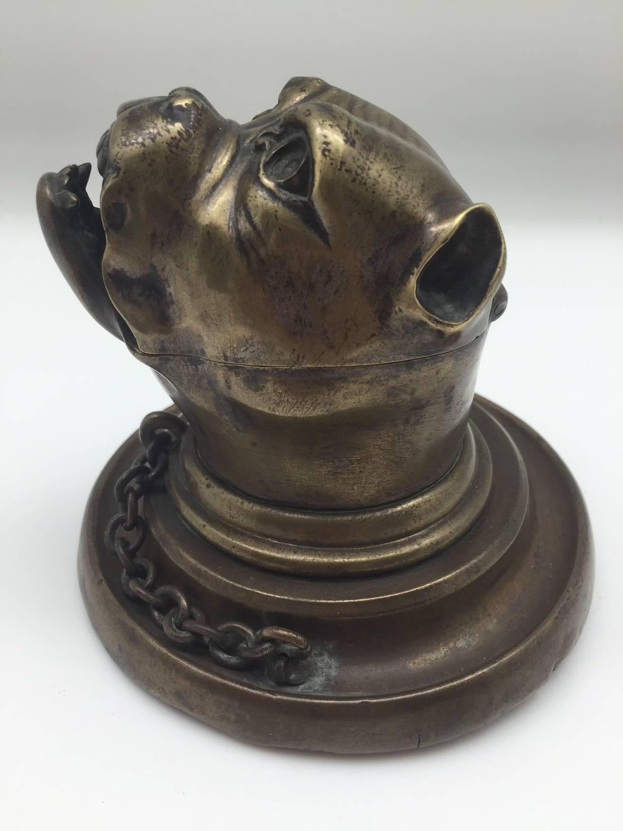 19th Century Bronze Growling Dog with Collar and Chain Inkwell 4