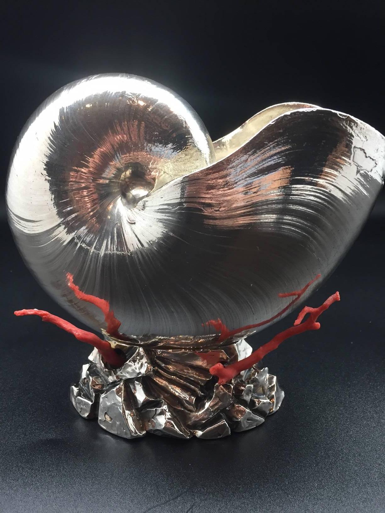 Italian 925 silver coated nautilus shell on a naturalistic base with four red Mediterranean coral branches. The silvering was done in Rome Italy, and has the R&G Italy hallmark, which was initially used when the company was known as Ruzzetti and