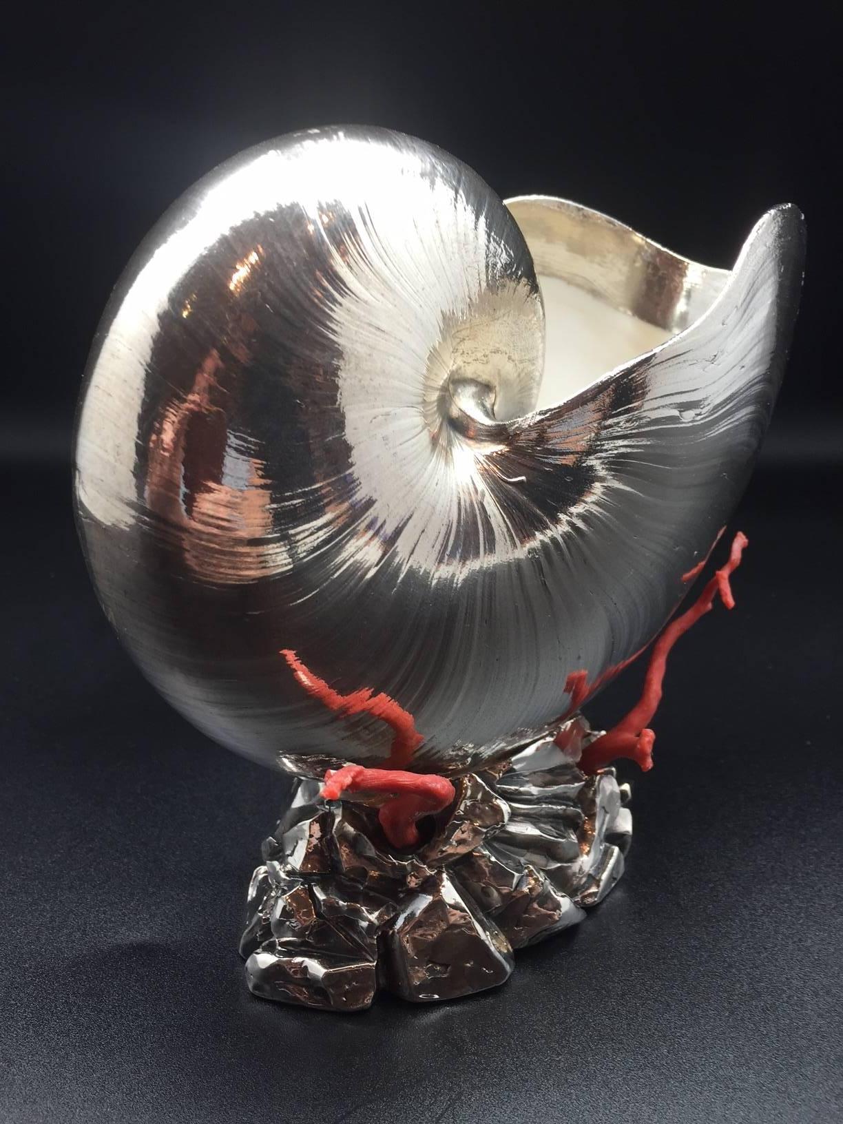 Rococo Italian Silver Coated Nautilus Shell on a Naturalistic Base with Red Coral