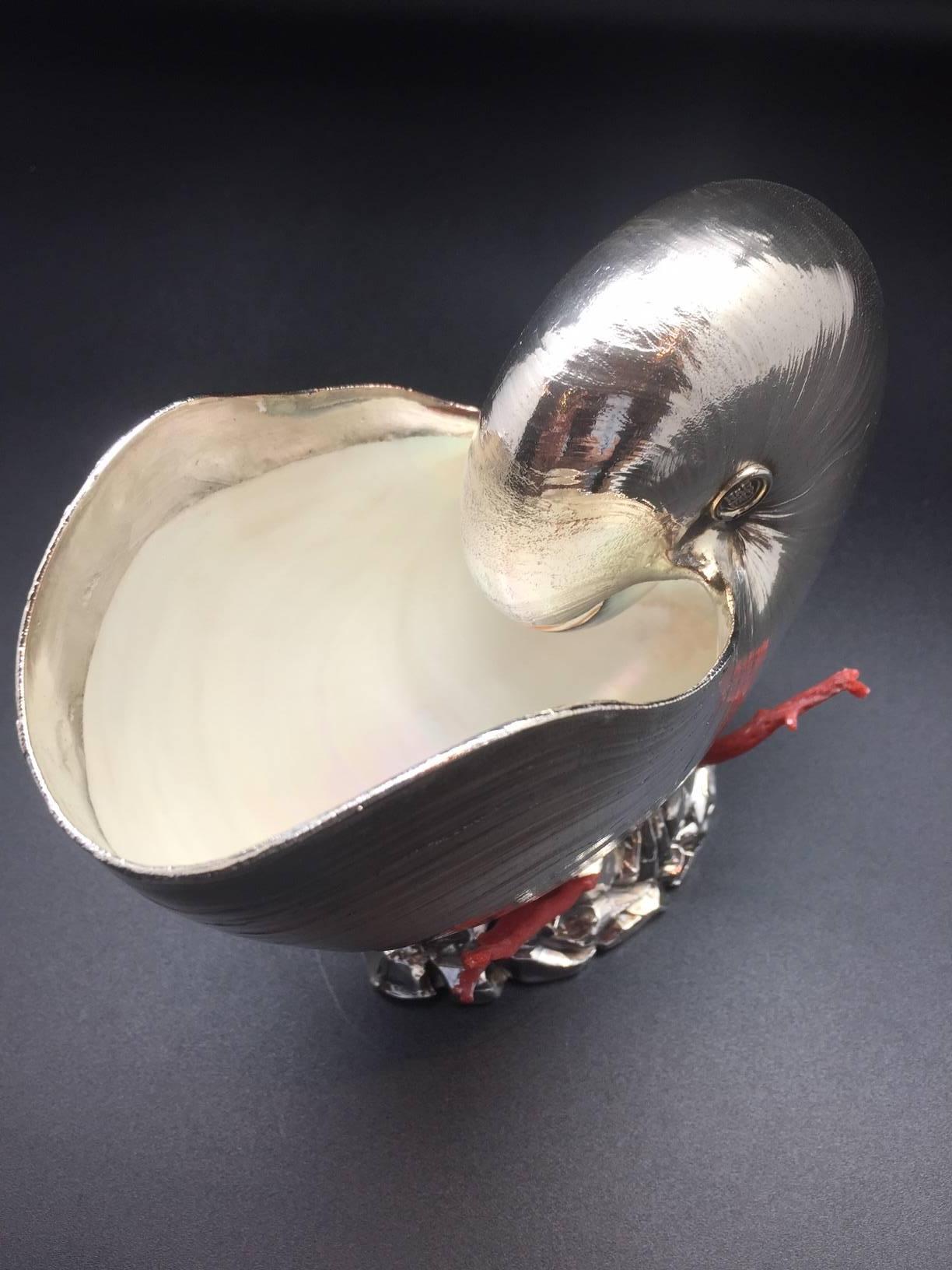 20th Century Italian Silver Coated Nautilus Shell on a Naturalistic Base with Red Coral