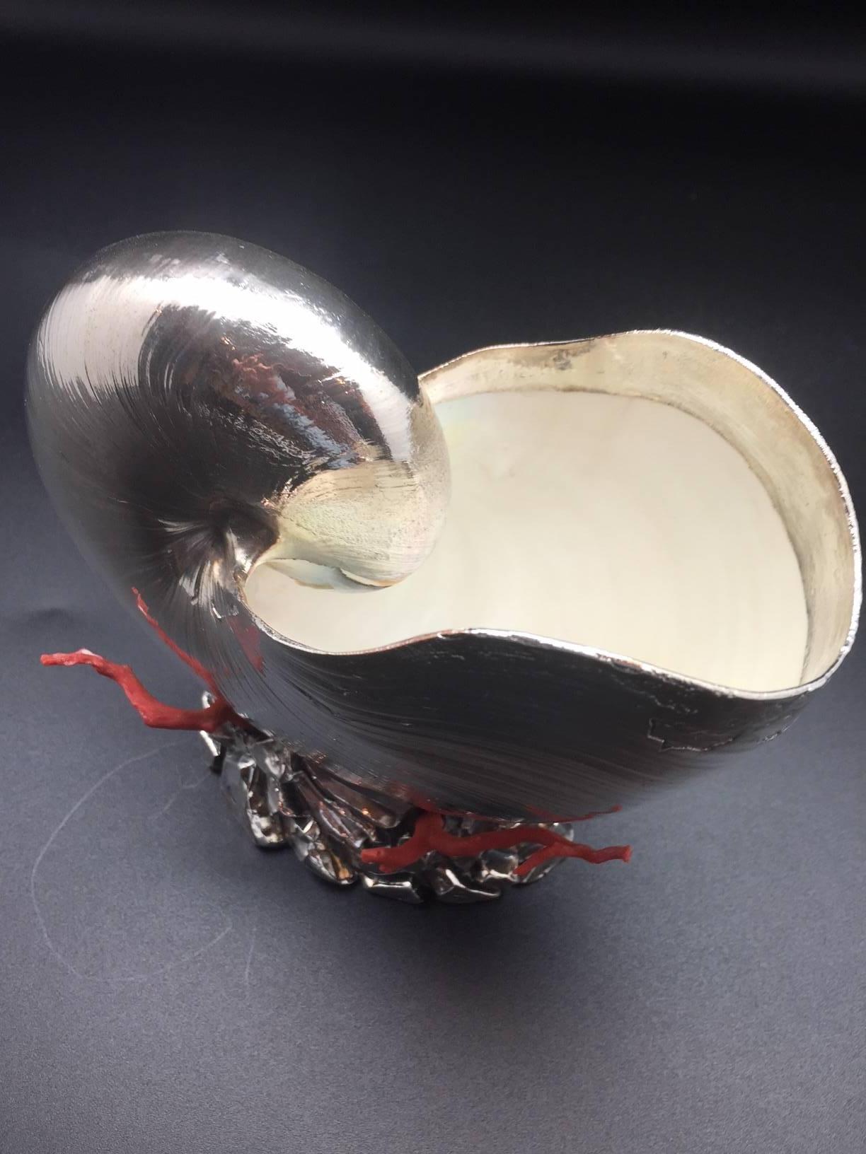Silver Plate Italian Silver Coated Nautilus Shell on a Naturalistic Base with Red Coral
