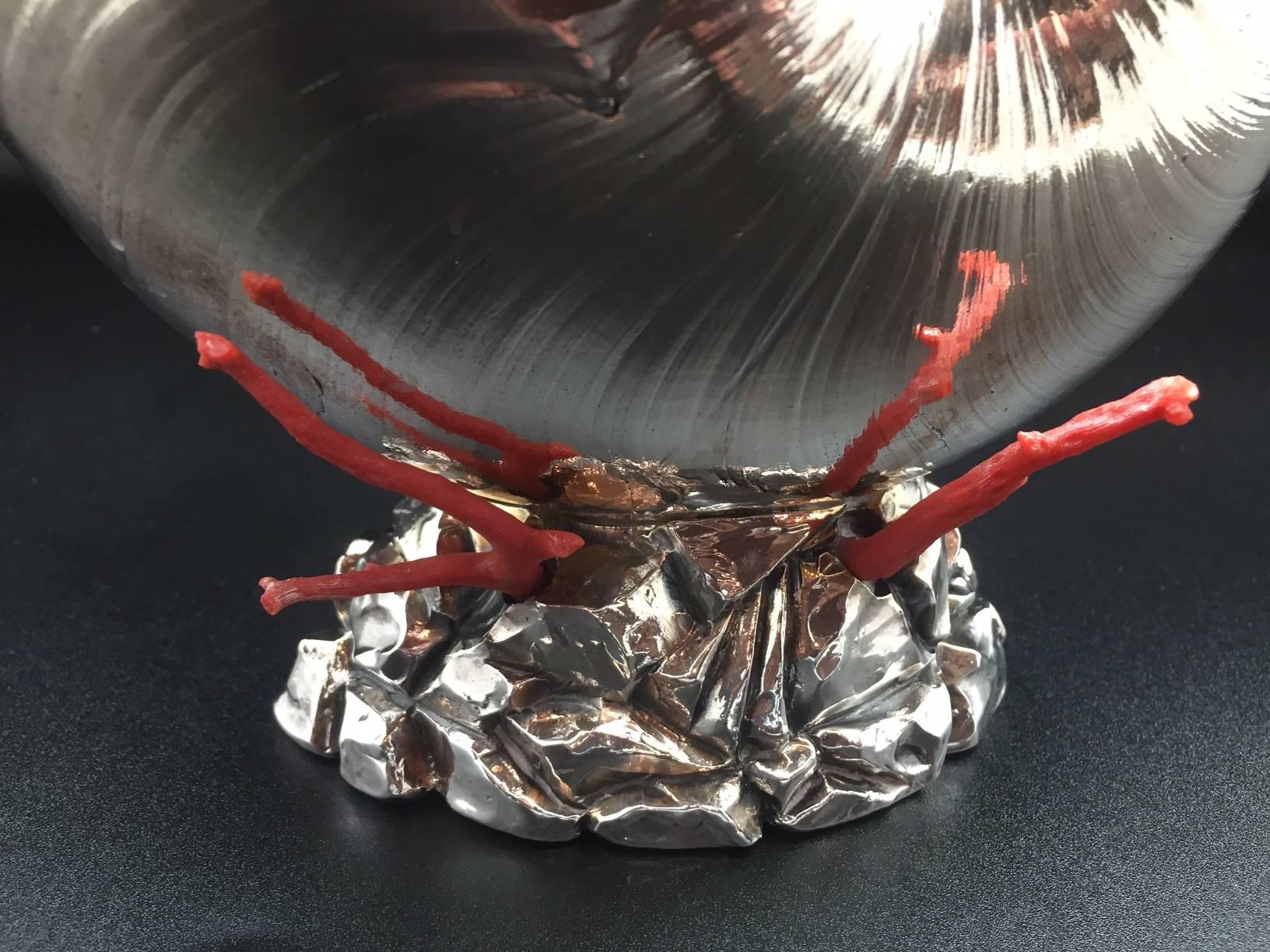 Plated Italian Silver Coated Nautilus Shell on a Naturalistic Base with Red Coral