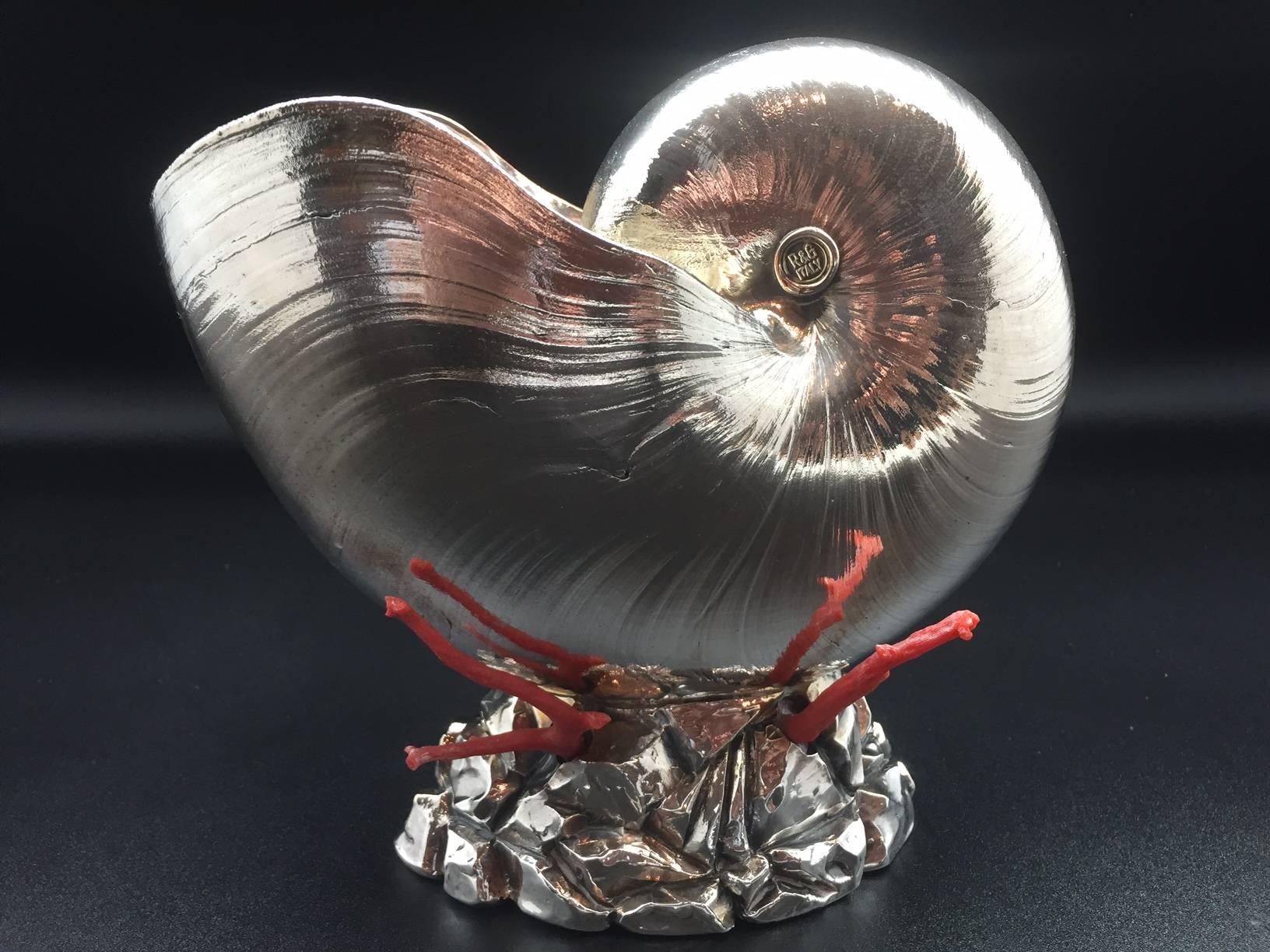 Italian Silver Coated Nautilus Shell on a Naturalistic Base with Red Coral 2