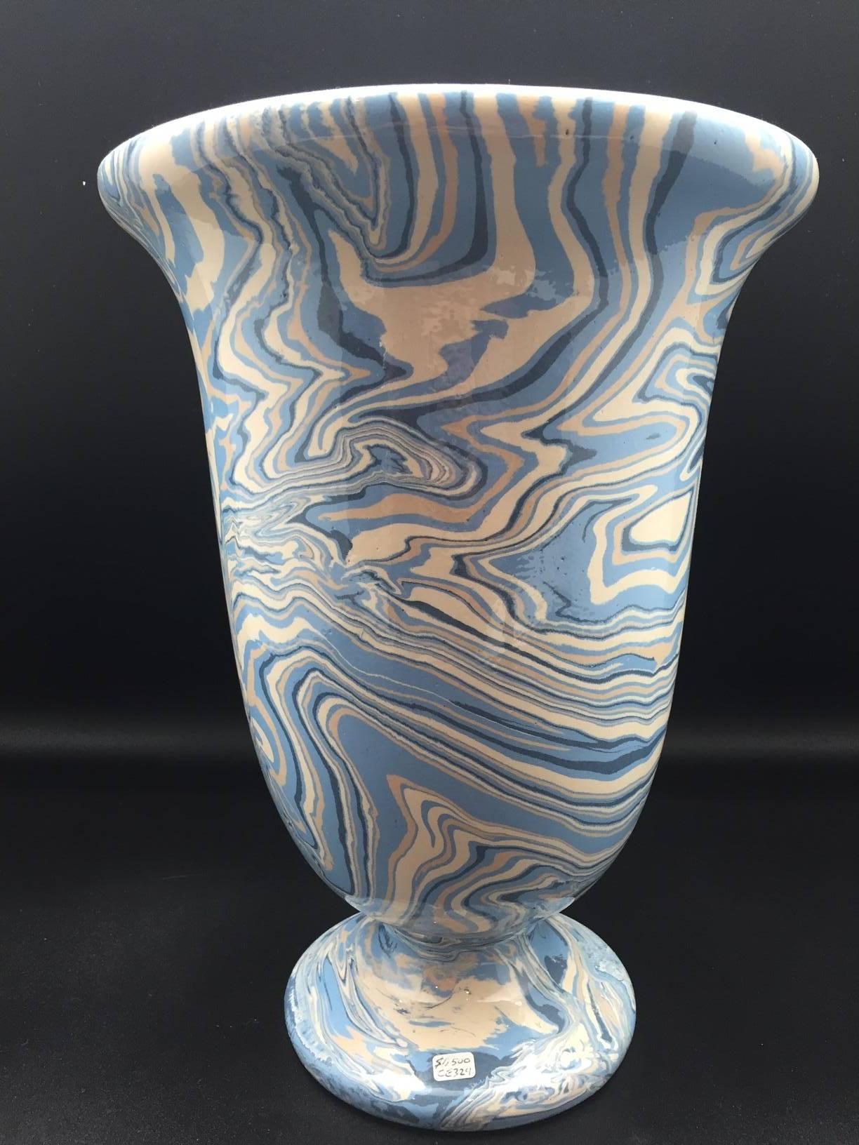 Glazed Marbleized Blue Apt Style Faience Medicis Vase by Sylvie Saint-André Perrin