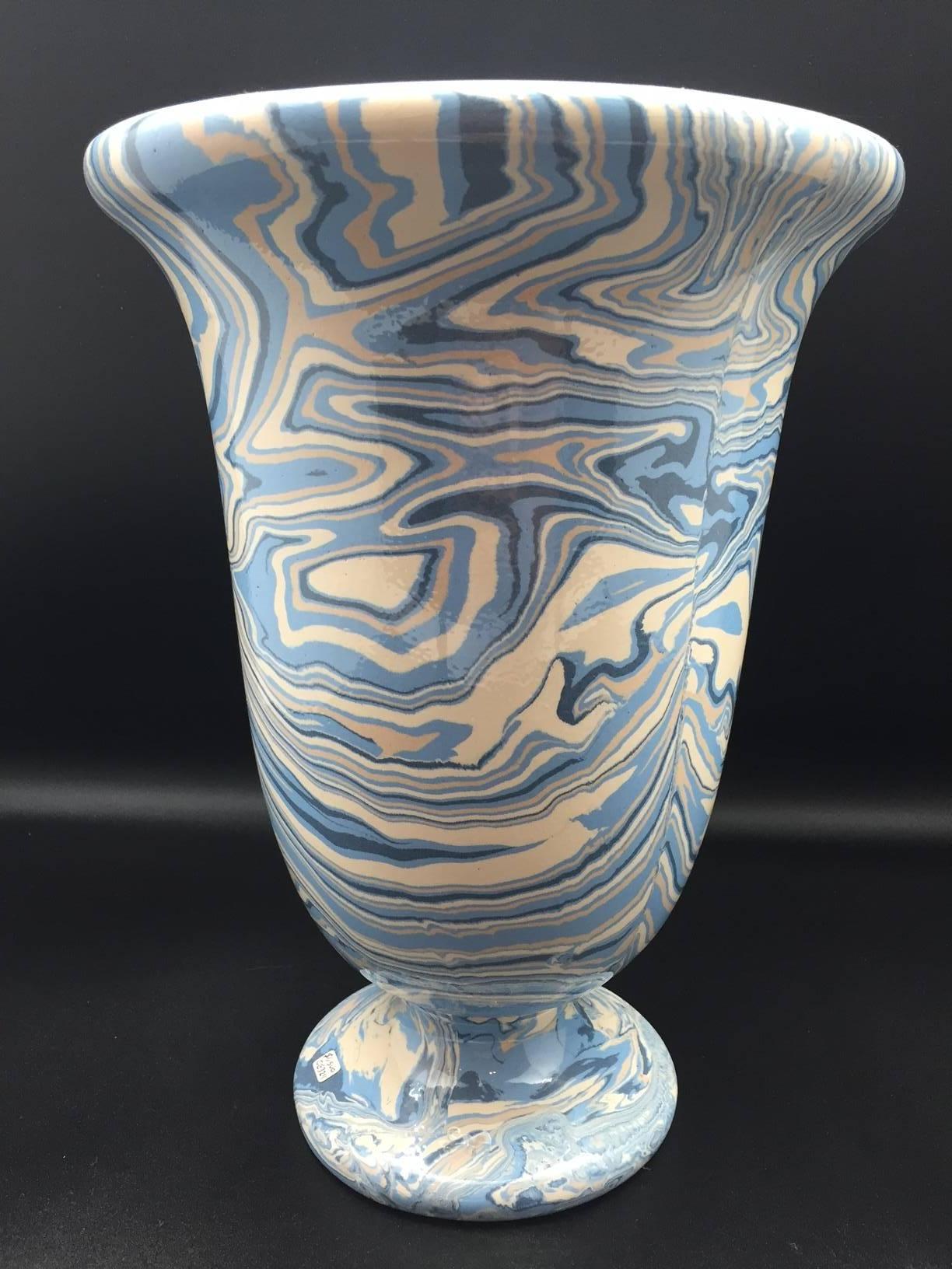 Marbleized blue ceramic Medicis vase by French potter Sylvie Saint-André Perrin. Similar to 18th century aptware faience ceramics from the South of France, the various colored clays are combined in a swirling marbleized pattern then fired and