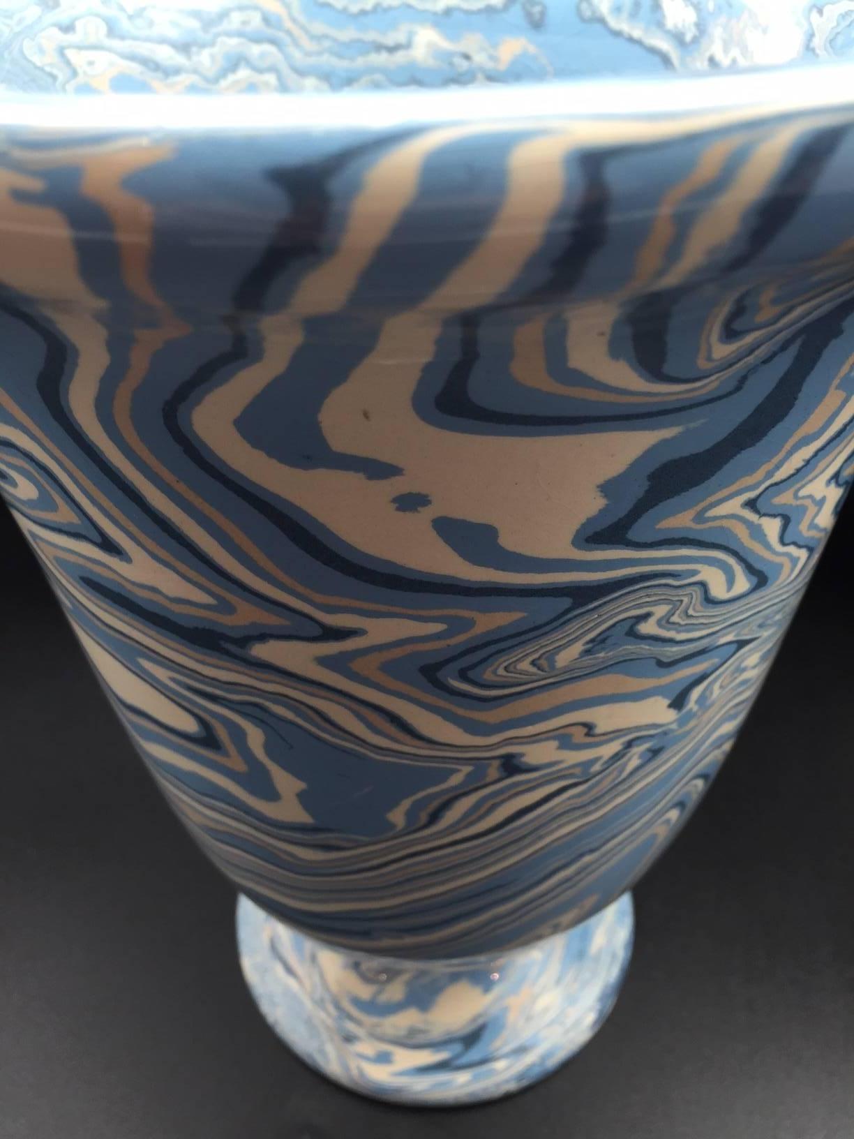 French Marbleized Blue Apt Style Faience Medicis Vase by Sylvie Saint-André Perrin