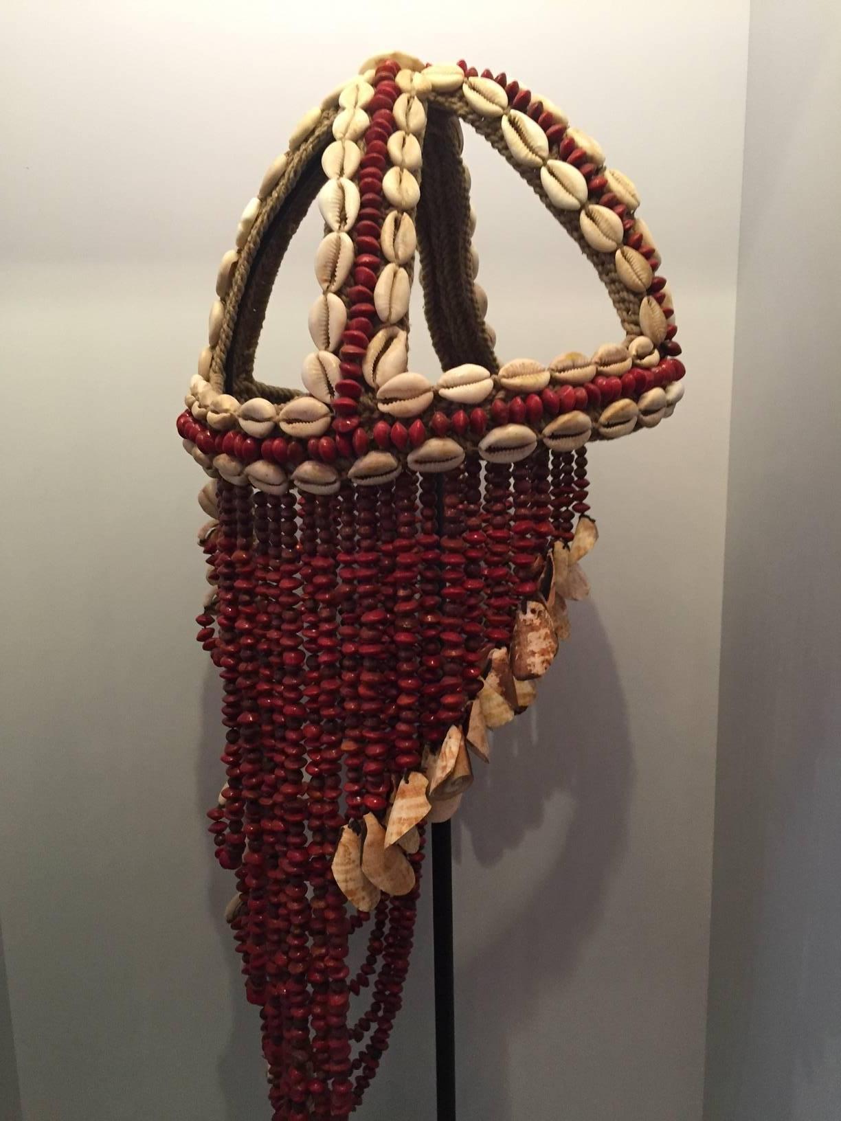 Tribal Headdress from Papua New Guinea Made from Cowrie Shells and Red Seeds, Mounted 
