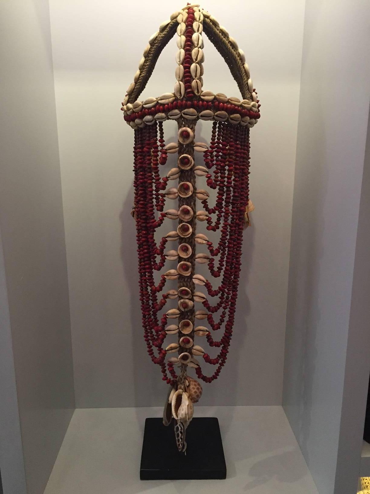 Beads Headdress from Papua New Guinea Made from Cowrie Shells and Red Seeds, Mounted 