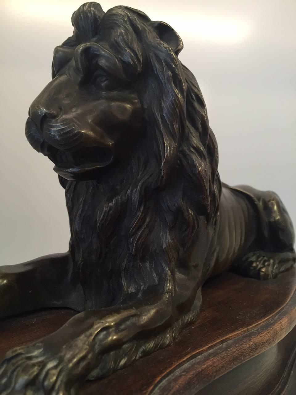 Napoleon III Large 19th Century French Grand Tour Bronze Recumbent Lion on Carved Wood Base