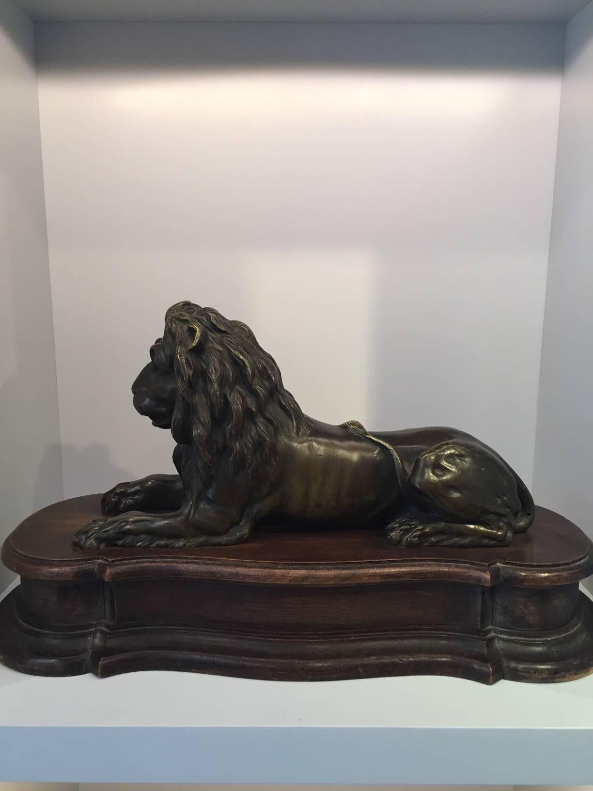 Large 19th Century French Grand Tour Bronze Recumbent Lion on Carved Wood Base 2