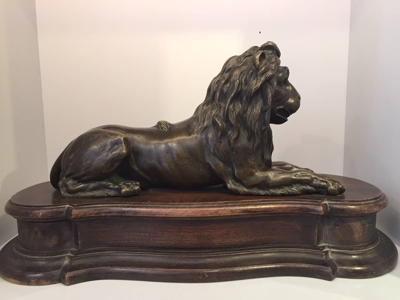 Large 19th Century French Grand Tour Bronze Recumbent Lion on Carved Wood Base 3