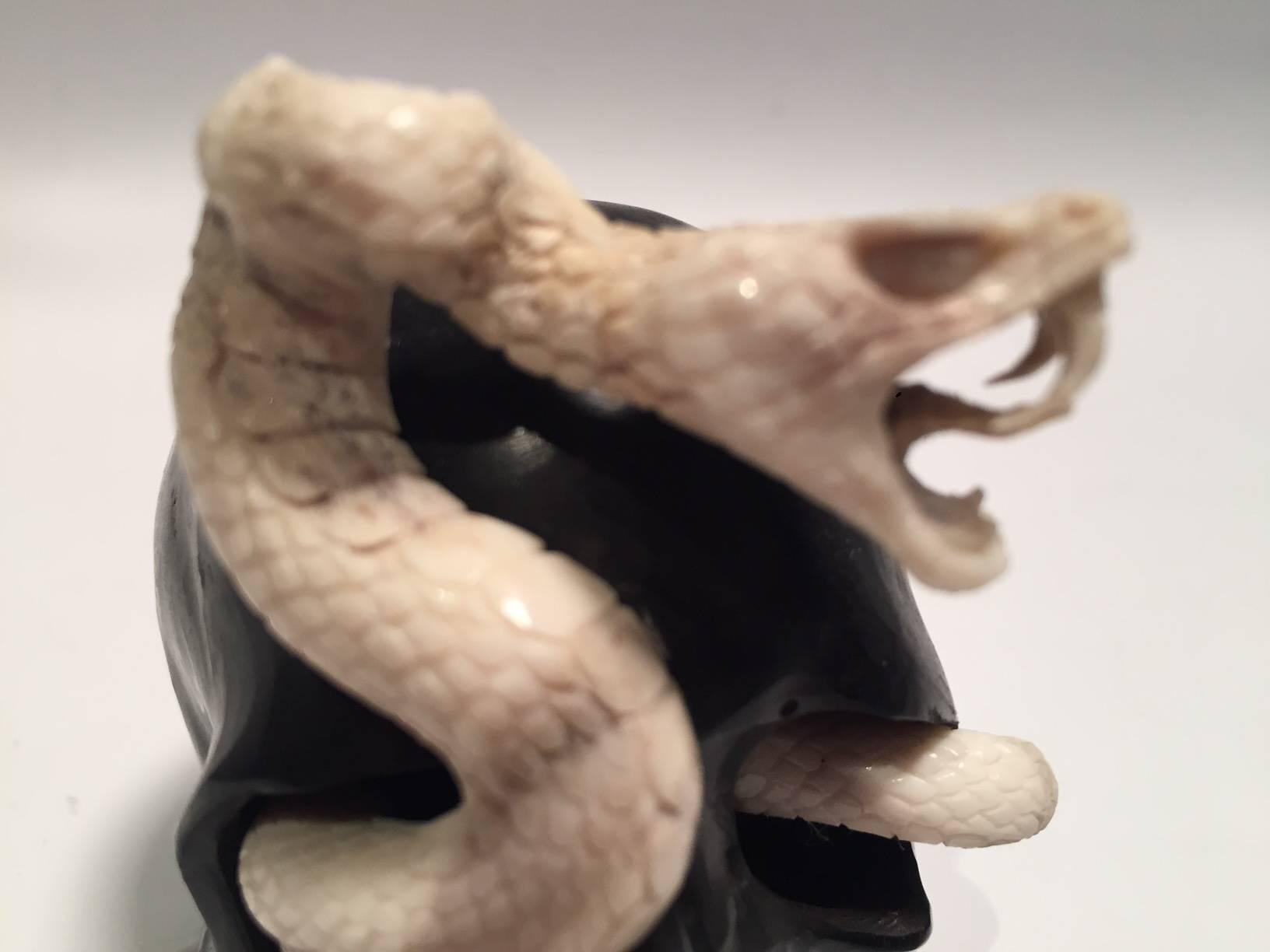 Beautifully Carved Wood and Moose Antler Skull and Snake In Good Condition In New York, NY