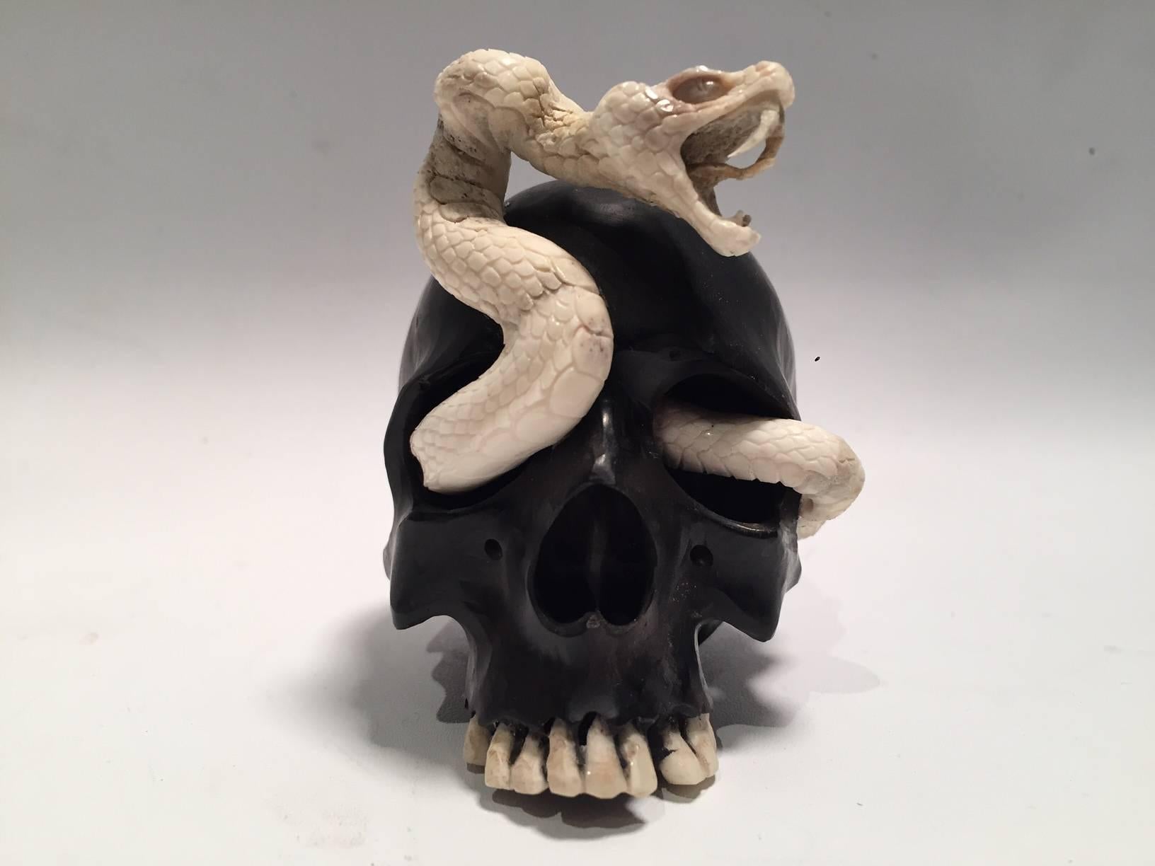 Beautifully Carved Wood and Moose Antler Skull and Snake 1