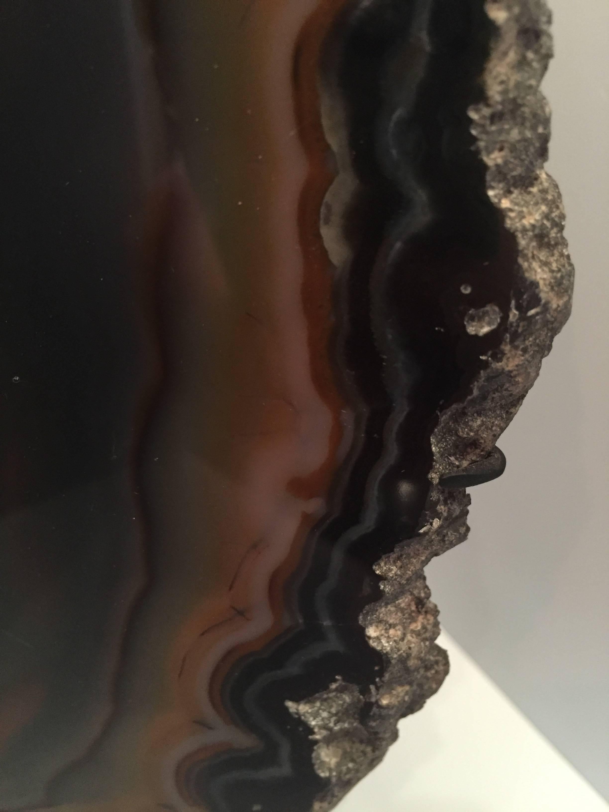 Striking custom mounted agate slice specimen has intense colored bands of deep rust, amber, brown and bluish grey. This natural, custom mounted specimen is a stunning piece for your home or office.

Agate has long believed to promote protection,