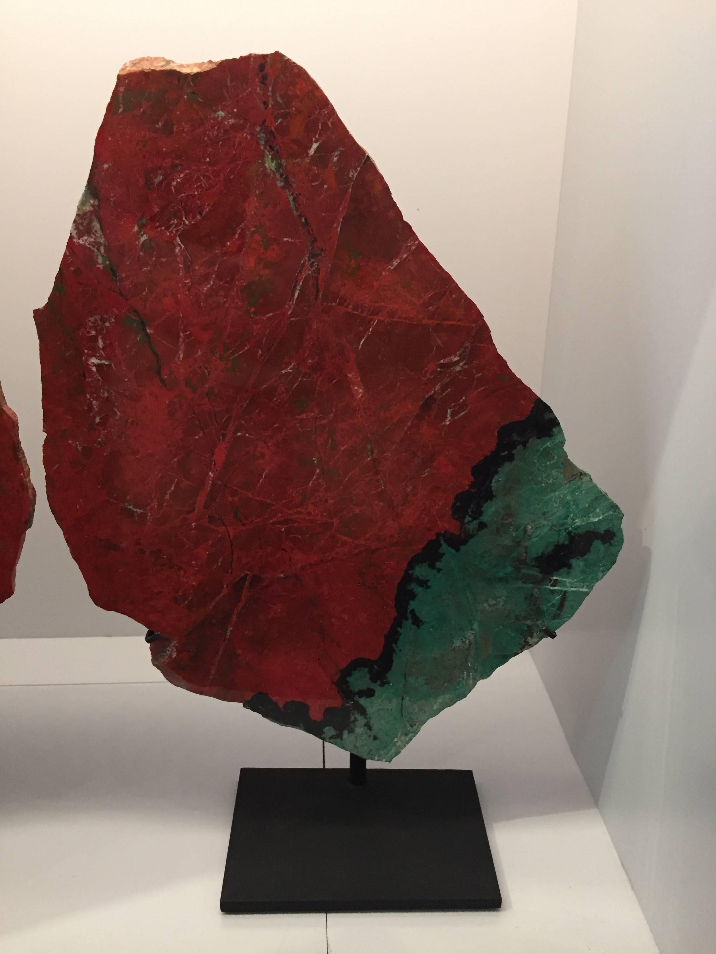 Mexican Large Bookmatched Pair of Mounted Cuprite Chrysocolla Specimens
