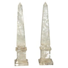 Pair of Hand-Carved Rock Crystal Obelisks on Stepped Bases, 12"