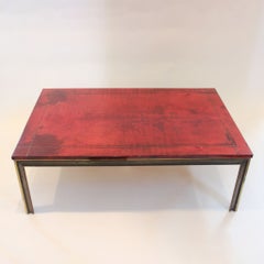 Aldo Tura Crimson Goatskin Parchment Coffee Table with Brass Inlay