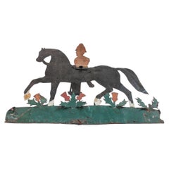 19th-C Folk Art Painted Sheet-Iron Horse and Rider Weathervane w Thistle decor