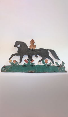 19th-C Folk Art Painted Sheet-Iron Horse and Rider Weathervane w Thistle decor