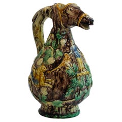 English Majolica Figural Pitcher with Horse-Head Spout and Fish Handle, 19th/20C