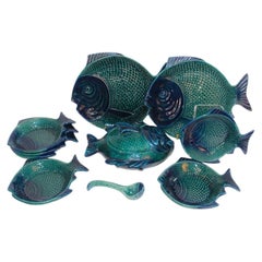 Banco di pesci: servizio da tavola vintage in maiolica francese, 9 pezzi