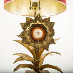 1970s P. Mas-Rossi French Brass Sunflower Table Lamp with Agate Center