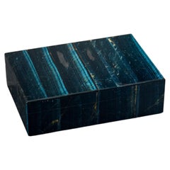 Polished Midnight Blue Falcon’s Eye Gemstone Box with Brass Hinged Lid – 6"