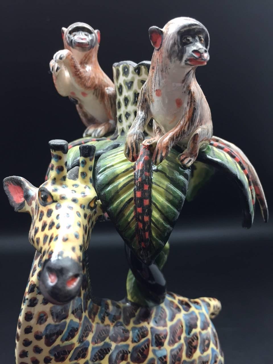 South African Giraffe and Monkey Candlestick Holders, a Pair, Ceramic by Ardmore from Sout