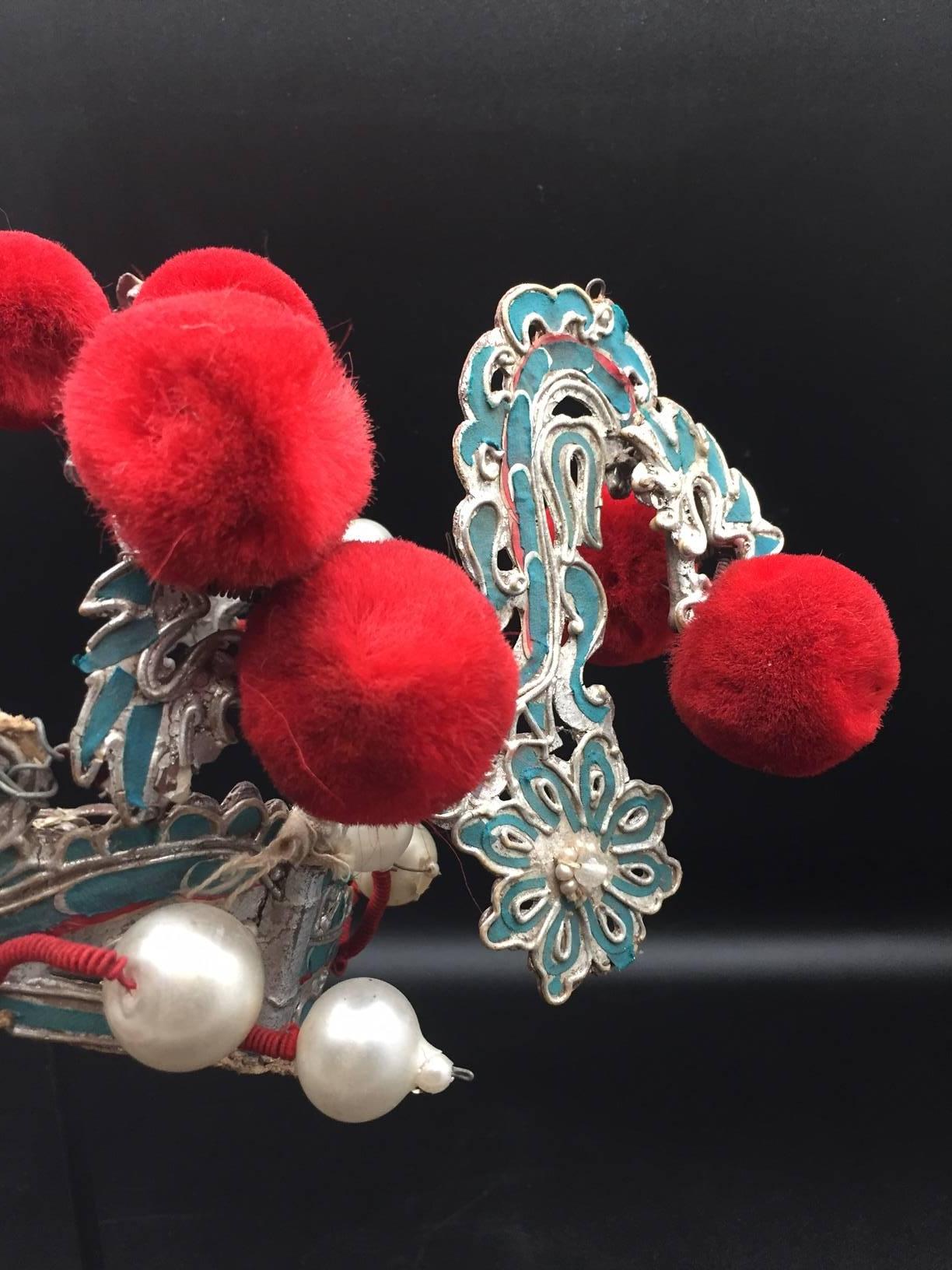 Chinoiserie Chinese Theatre Turquoise and Red Pom Headdress, Early 20th Century