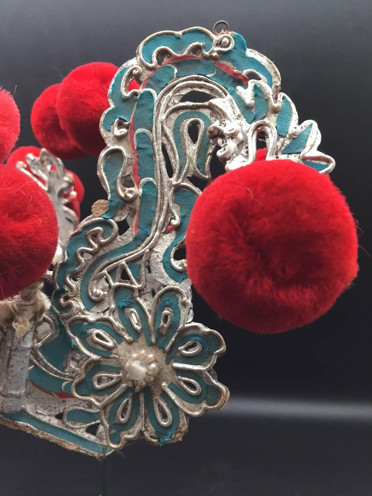 Wire Chinese Theatre Turquoise and Red Pom Headdress, Early 20th Century