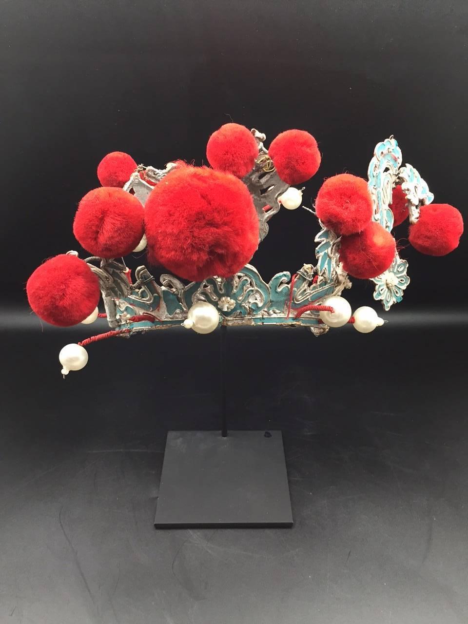 Chinese Theatre Turquoise and Red Pom Headdress, Early 20th Century 1