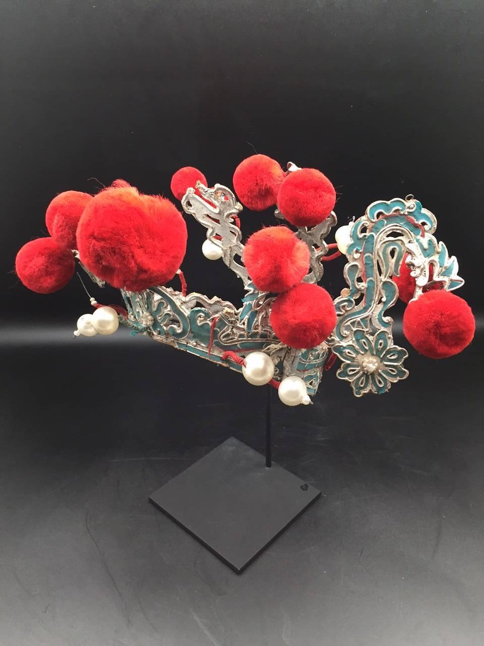 Chinese Theatre Turquoise and Red Pom Headdress, Early 20th Century 3