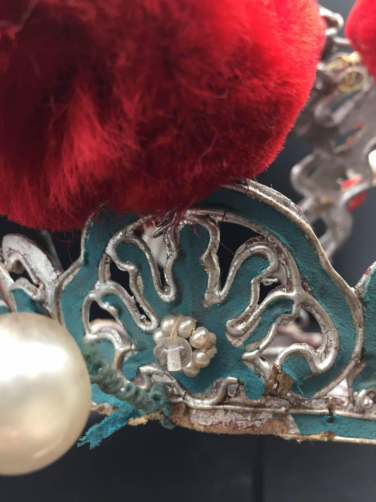Chinese Theatre Turquoise and Red Pom Headdress, Early 20th Century 2