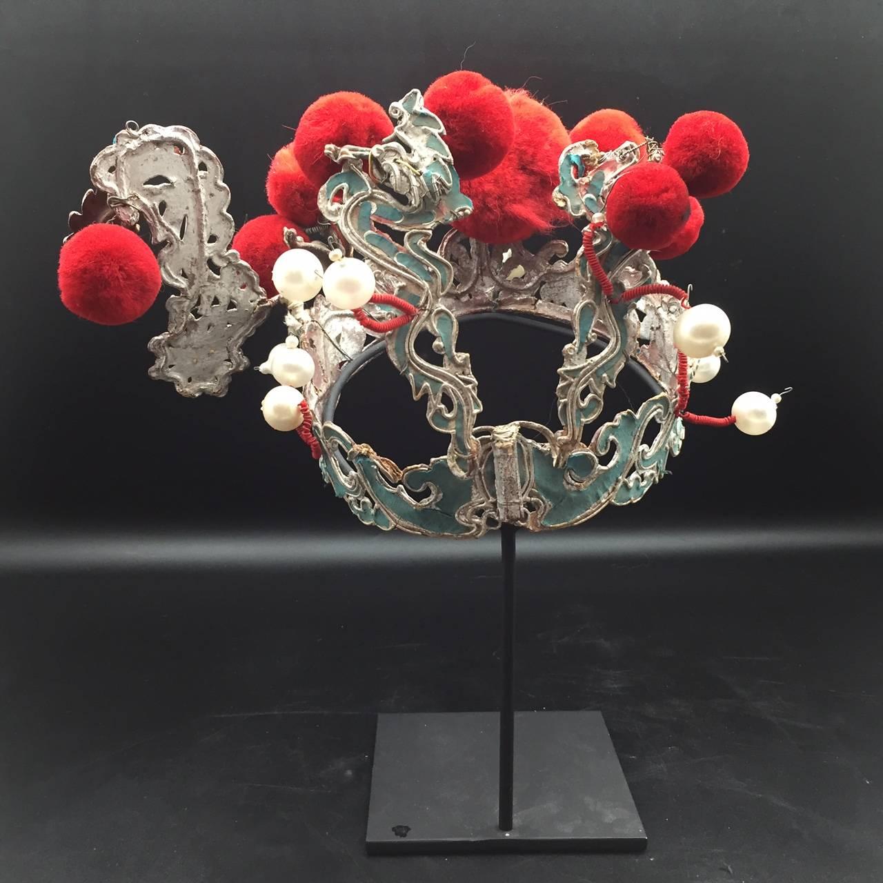 Chinese Theatre Turquoise and Red Pom Headdress, Early 20th Century In Good Condition In New York, NY