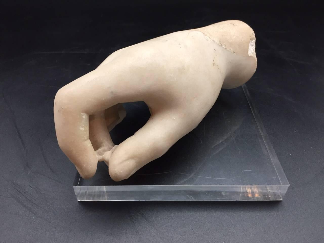 French 19th Century Sculpted Marble Hand on a Lucite Base 1