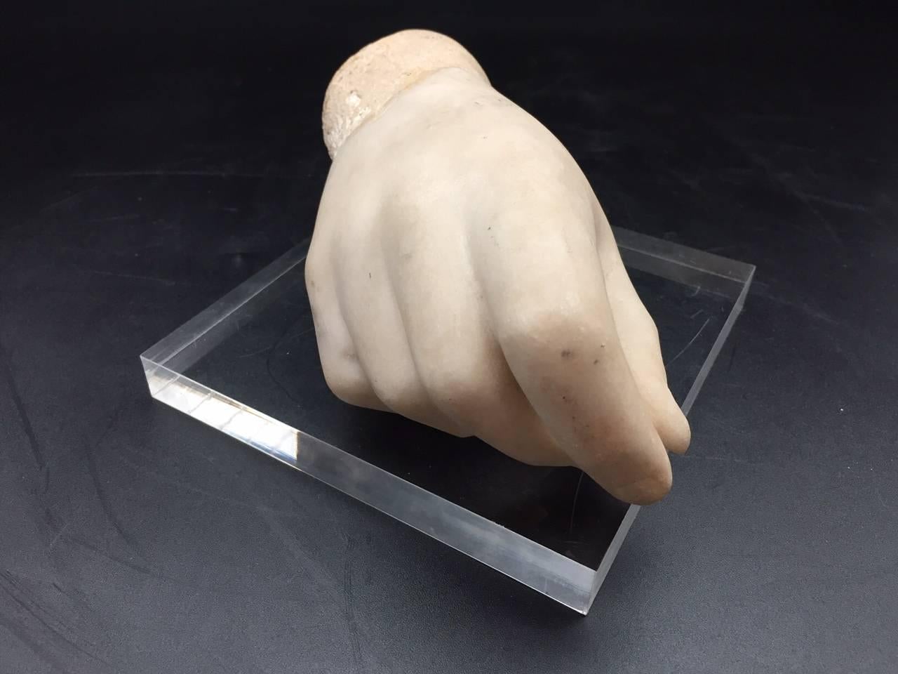 French 19th Century Sculpted Marble Hand on a Lucite Base 2