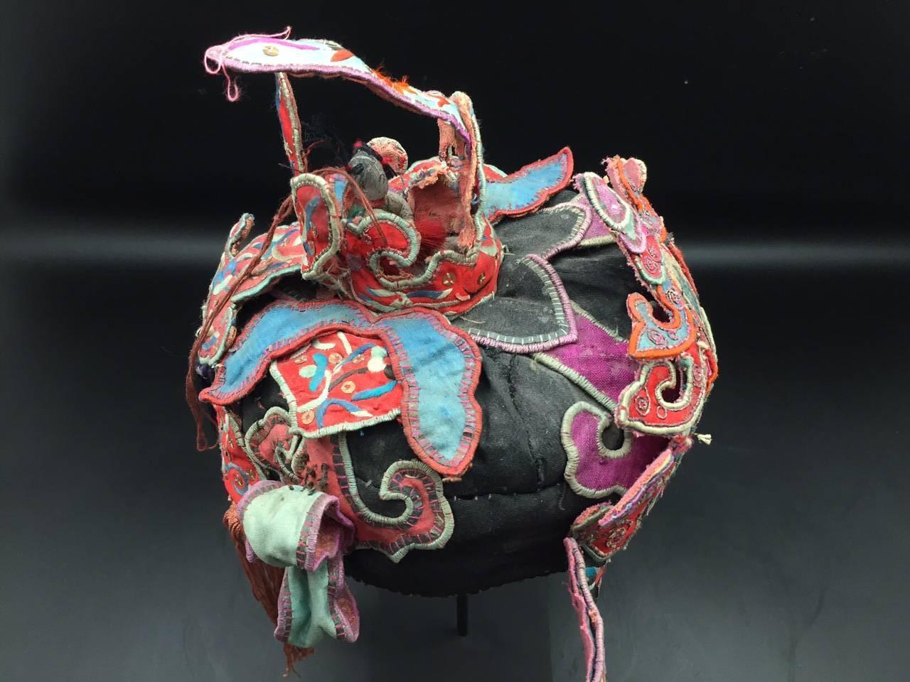 Chinese Hand Embroidered Silk Miao Minority Tribe Child's Headdress, Early 20th Century 