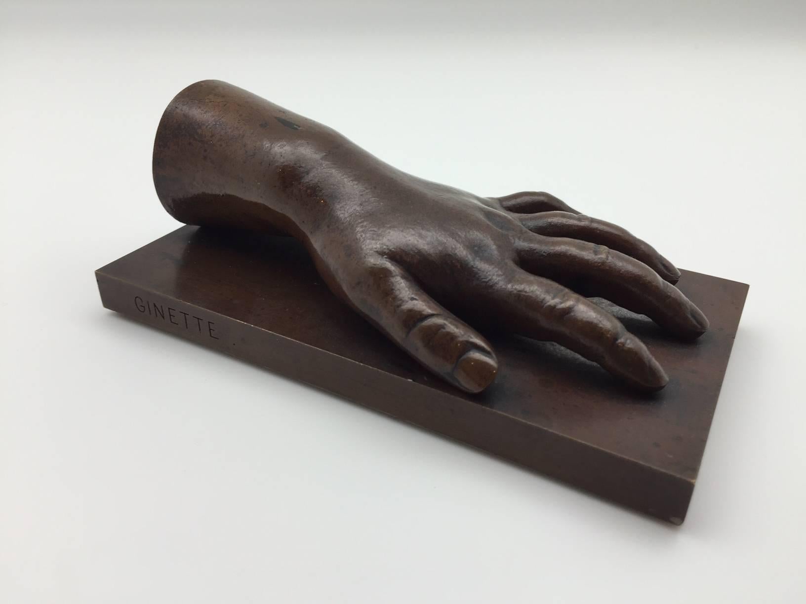 19th Century Patinated Bronze Baby Hand on a Bronze Base Insribed 