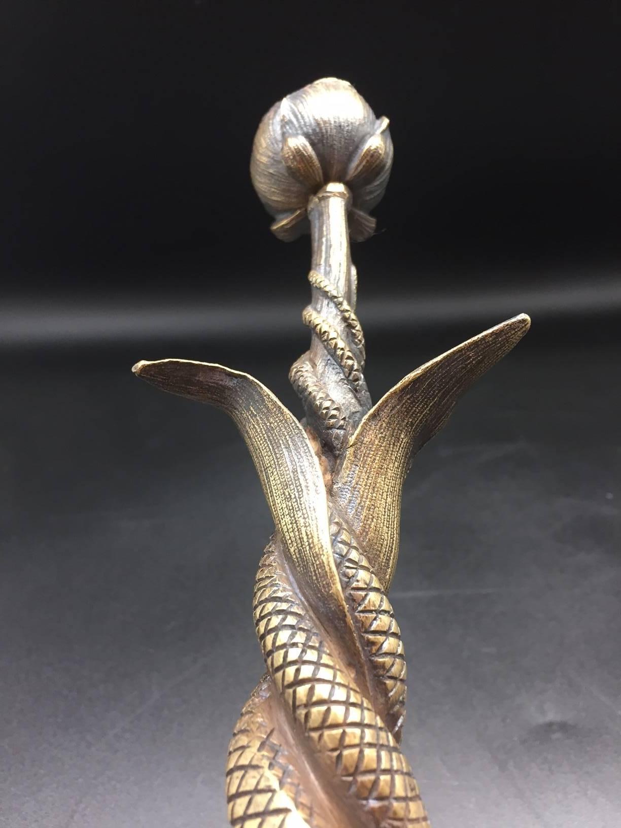 French Art Nouveau Serpent and Poppy Flower Bronze Tripod Candlesticks, a Pair 1