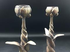 French Art Nouveau Serpent and Poppy Flower Bronze Tripod Candlesticks, a Pair