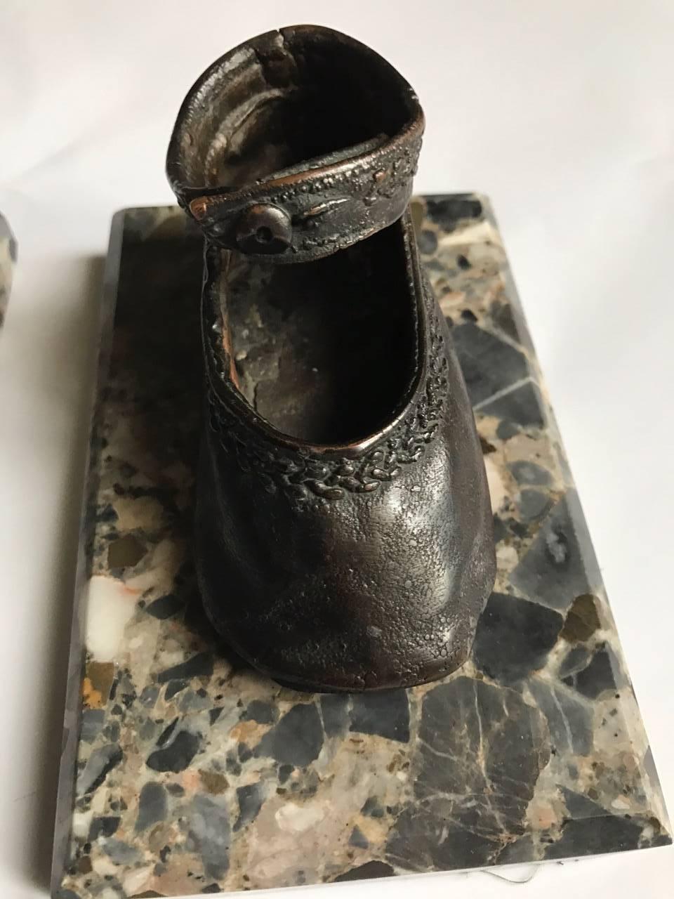 French Bronze Ballerina Style Baby Shoes Pair Weights with Marble Base
