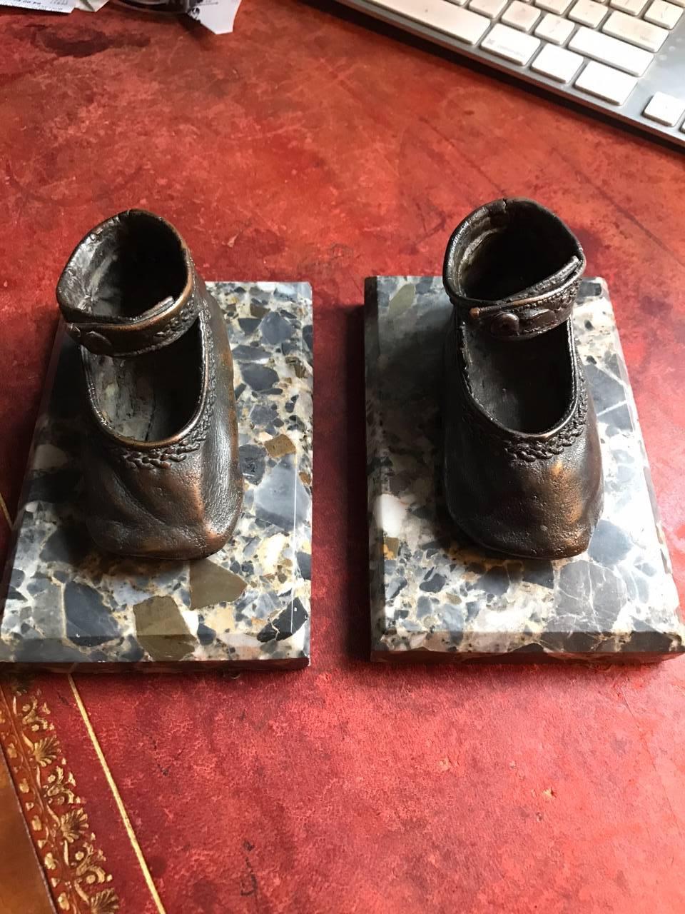 Bronze Ballerina Style Baby Shoes Pair Weights with Marble Base In Good Condition In New York, NY