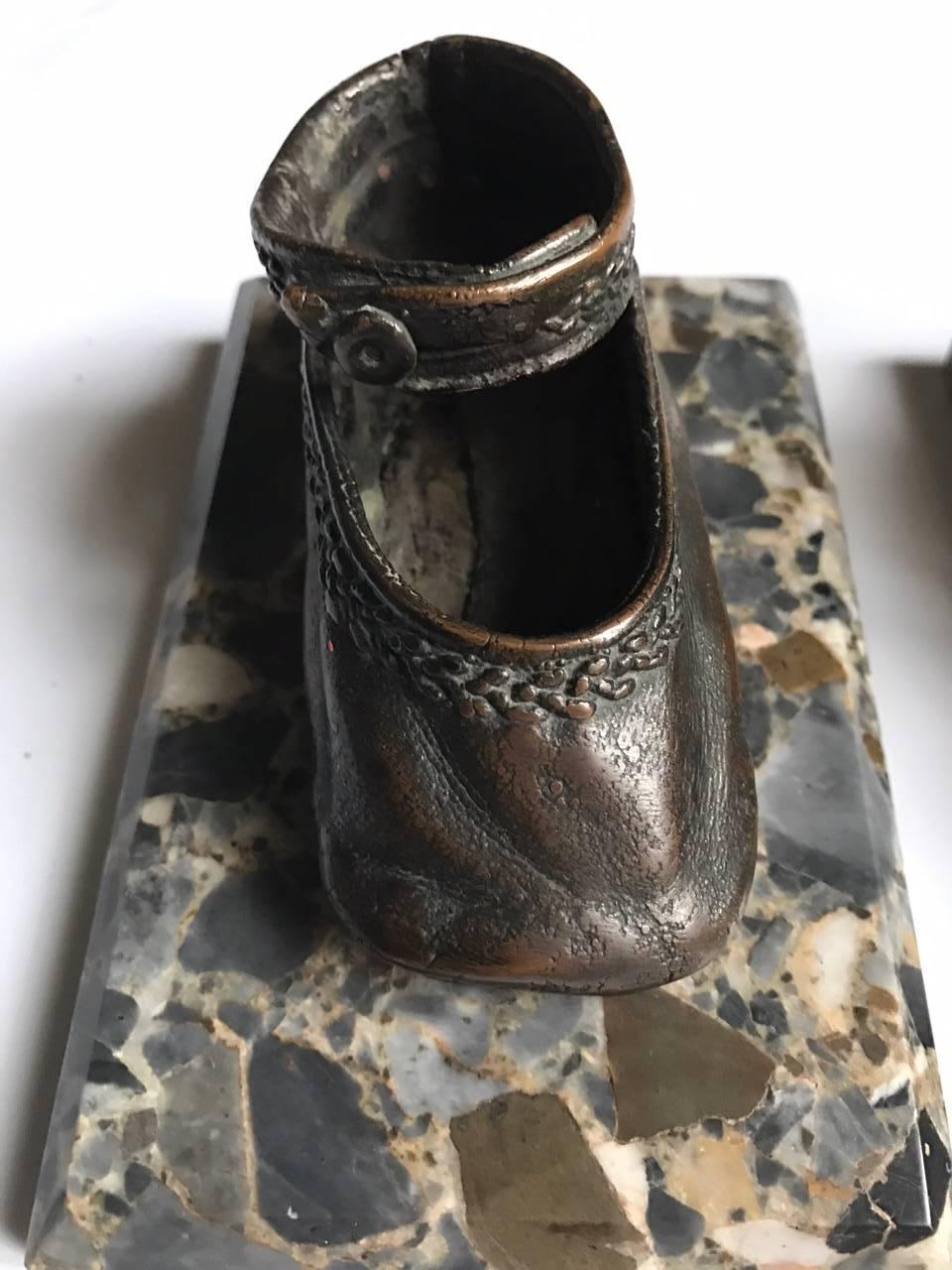 20th Century Bronze Ballerina Style Baby Shoes Pair Weights with Marble Base