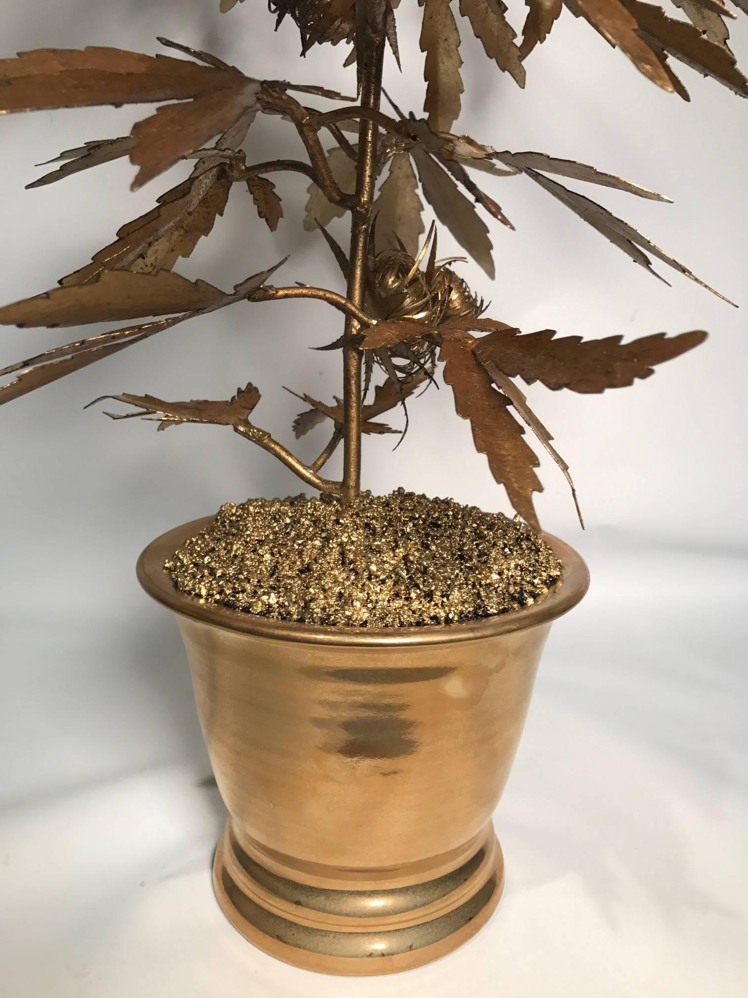 Park Avenue pot plant! Beautifully gilded tall toll marijuana or cannabis plant in a gilt ceramic pot with several large buds.