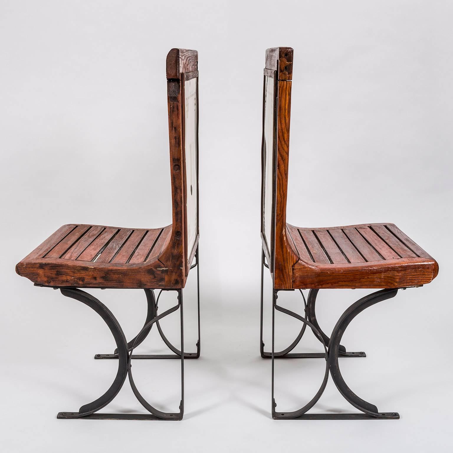 Art Deco Pair of 1920s Second Class Paris Metro Chairs with Enamel Backing