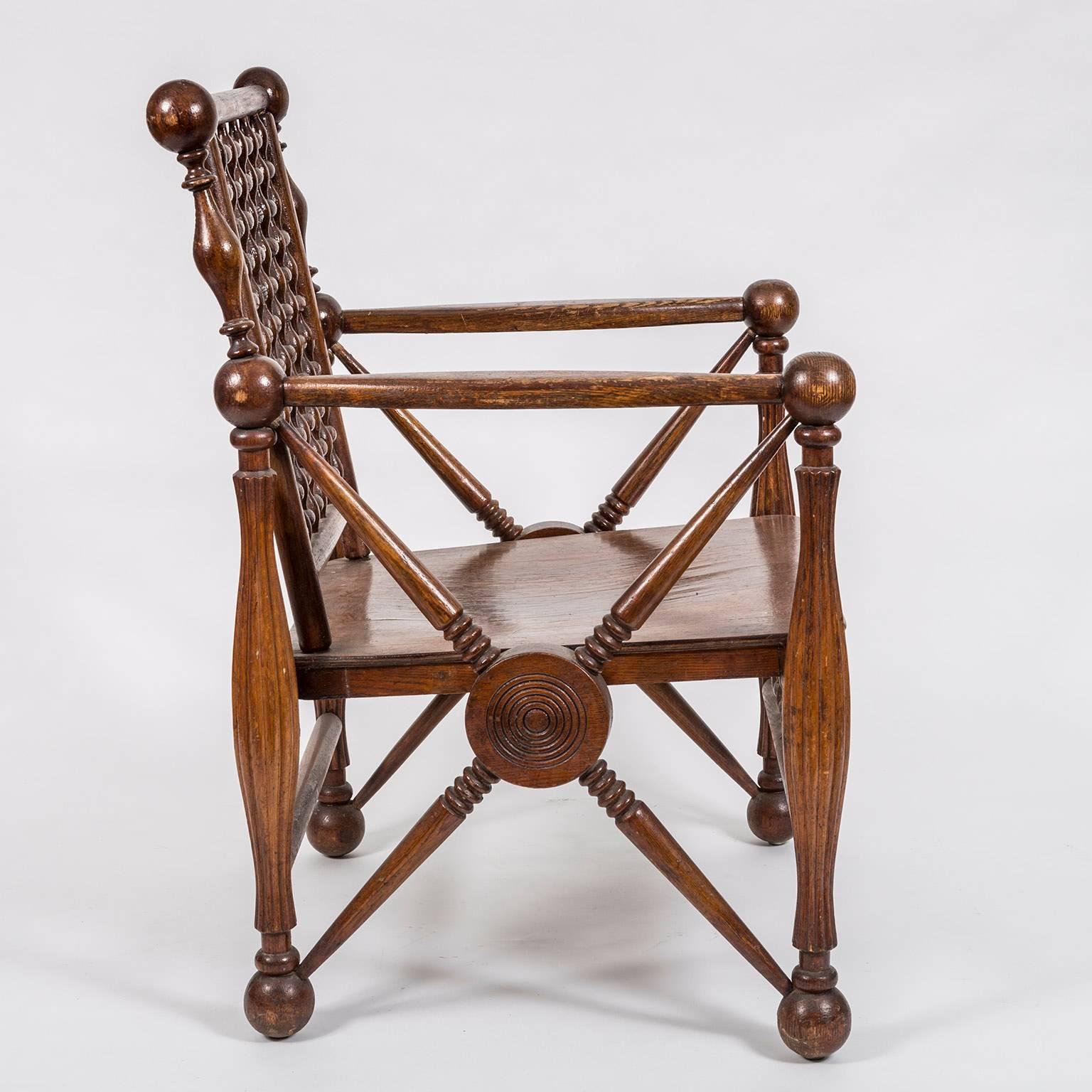 American Arts and Crafts Period Oak Lattice Fretworked Armchair
