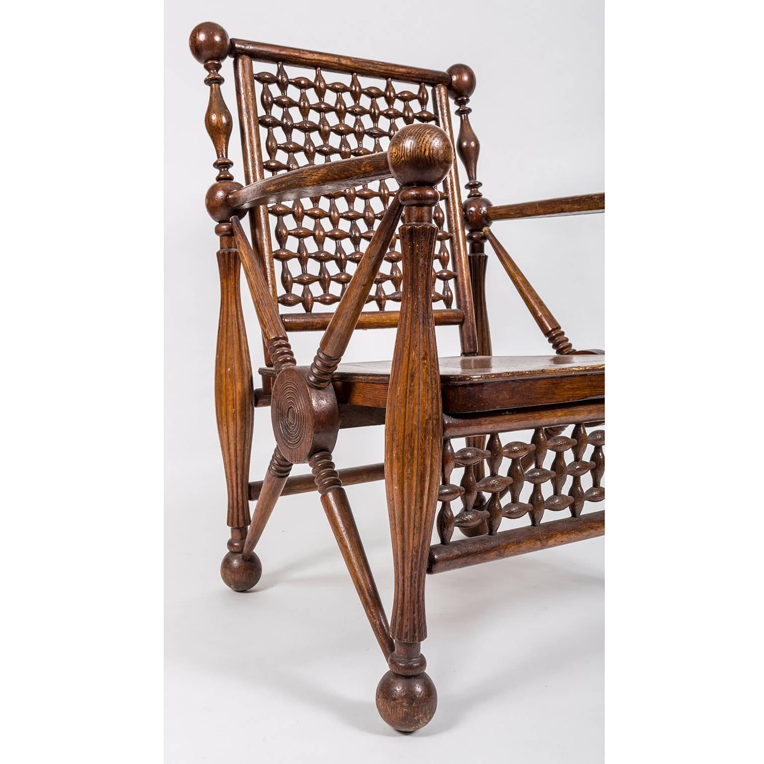 Wood Arts and Crafts Period Oak Lattice Fretworked Armchair