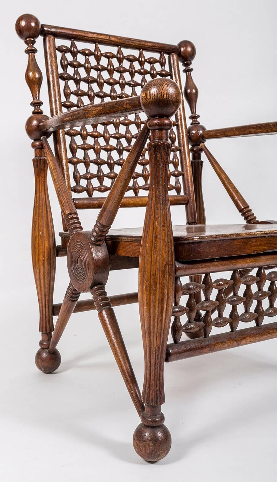 Arts and Crafts Period Oak Lattice Fretworked Armchair 1