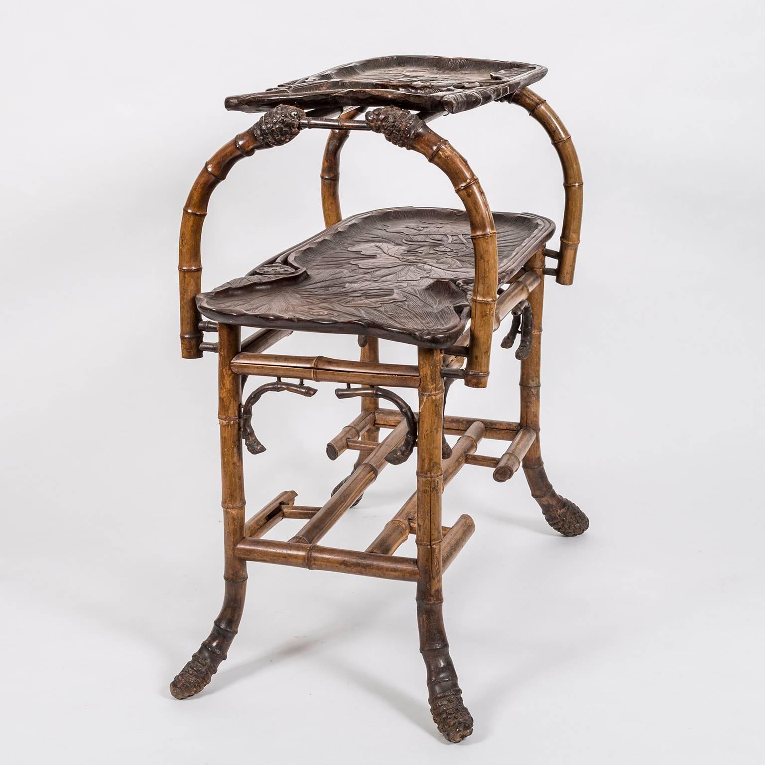 Japonisme Japanese Meiji Period Bamboo and Carved Wood Tea Table with Lily Leaves and Fro